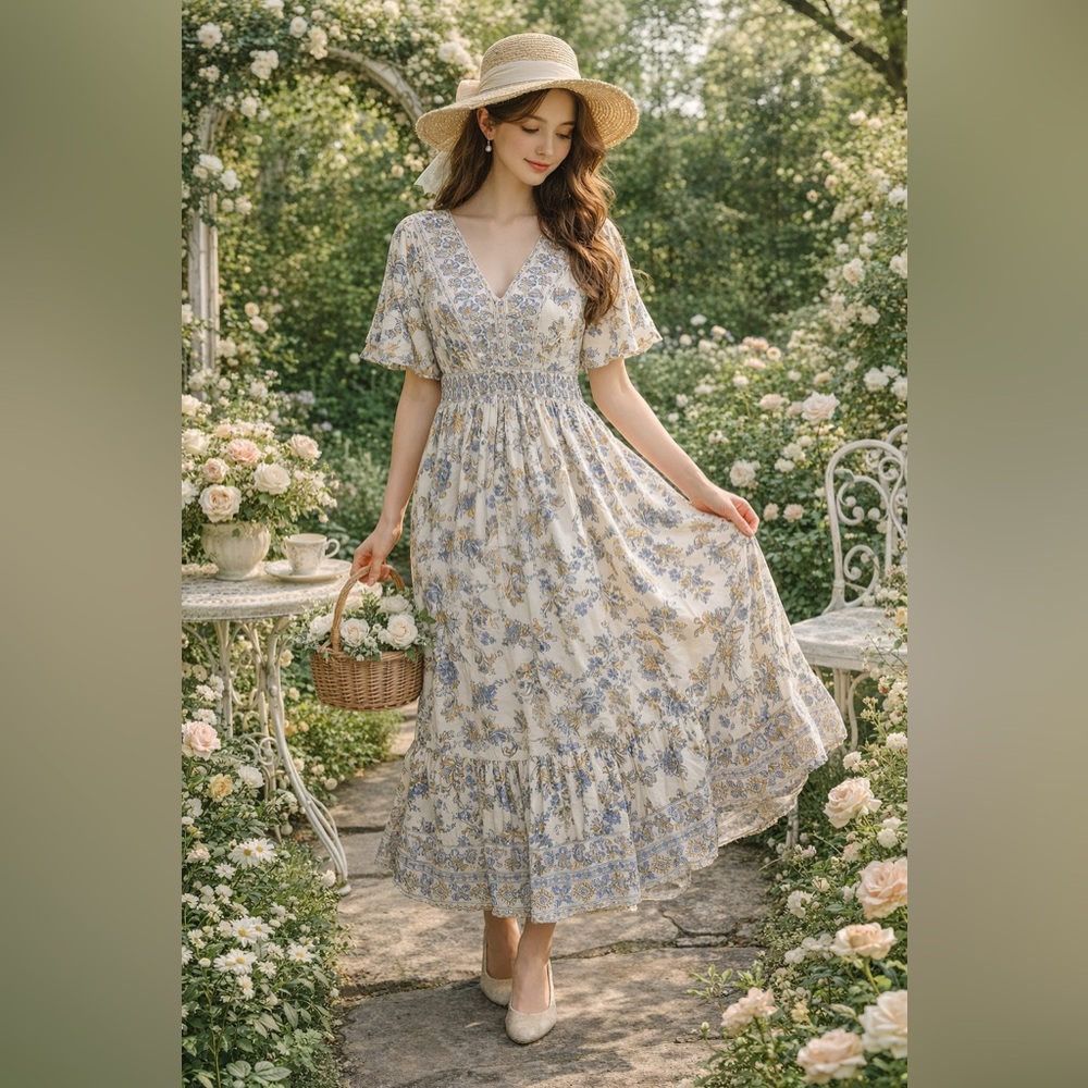 Lea White Floral Puff‎ Sleeve Midi Dresss Feminine Dainty Garden Party Romantic
